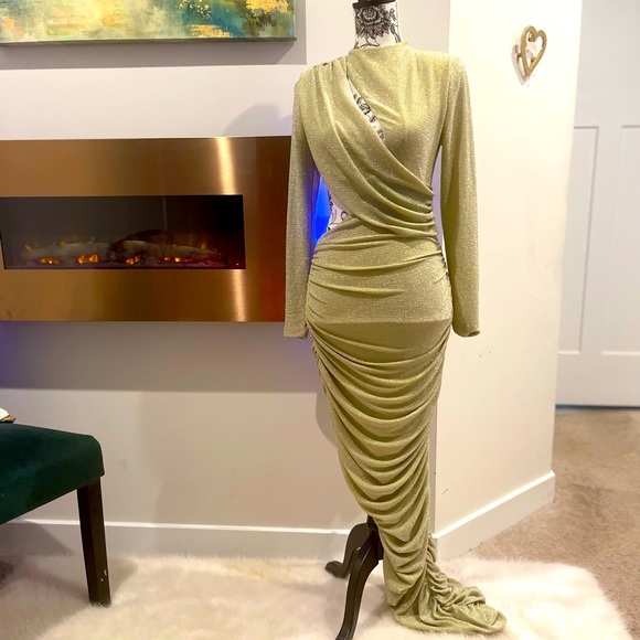 Dresses & Skirts - Light Gold Long Sleeve Metallic CutOut Dress